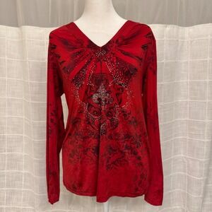 M by Amour Red Graphic V-Neck Long Sleeve Top Rhinestone Embellished Y2K Grunge
